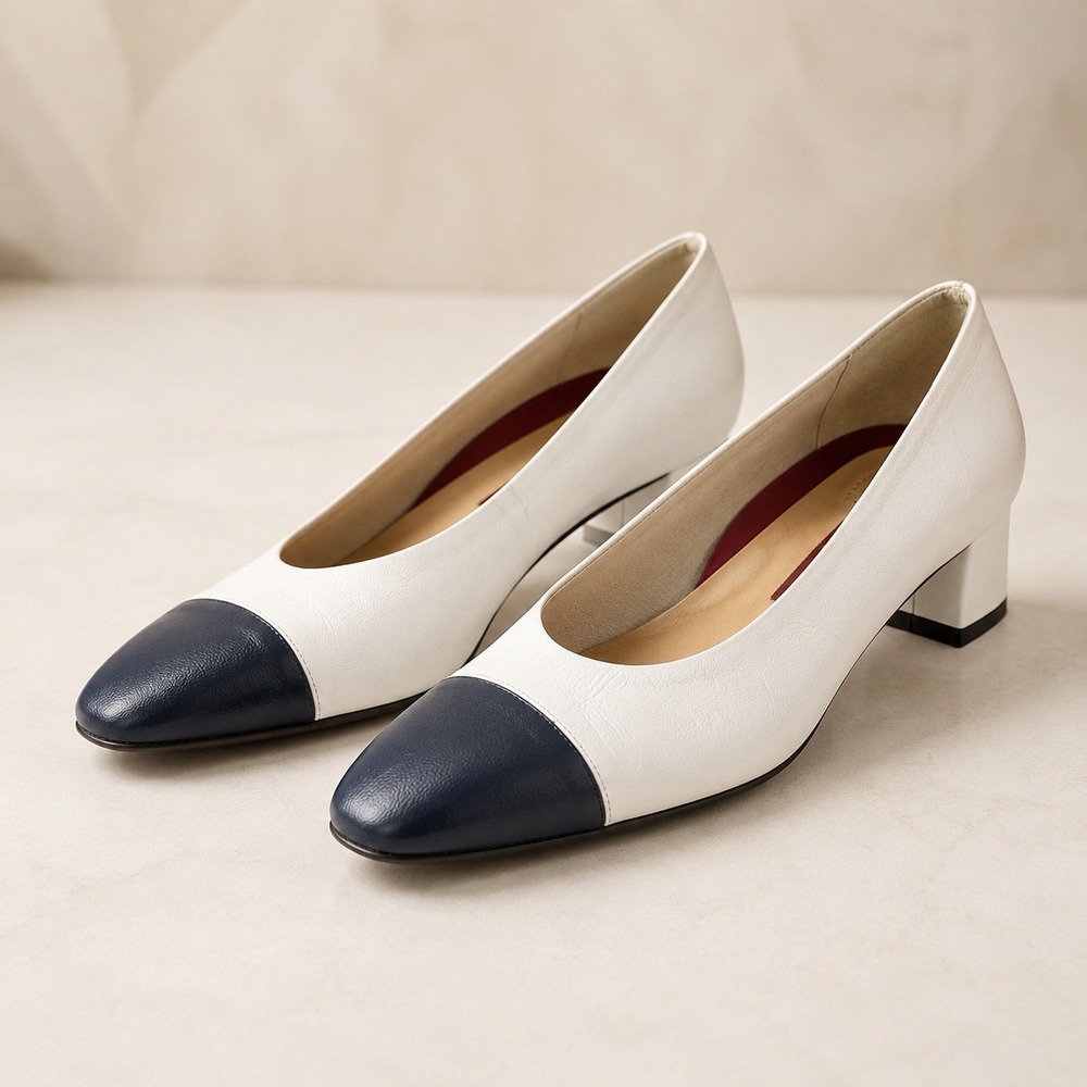 Easy Spirit Womens 9 B Leather Cap Toe Pumps White Navy Blue Low Block Heel 8777